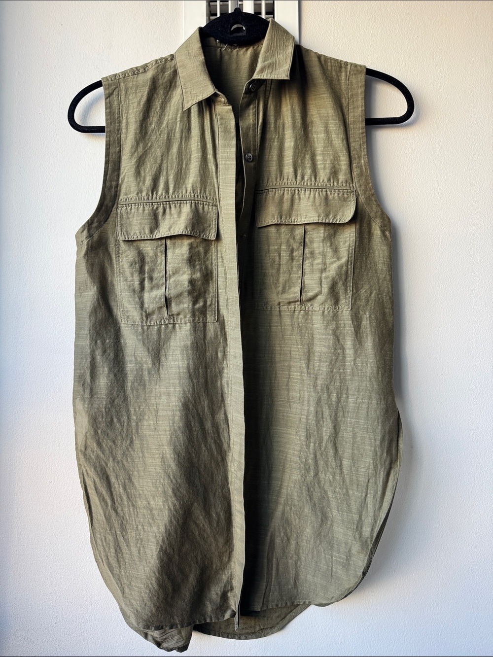 Helmut Lang Sleeveless Olive Green Utility Shirt (Cotton & Silk)